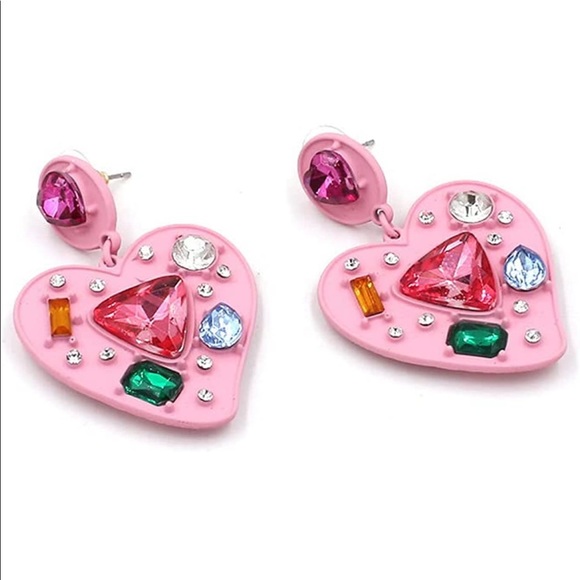 NWT Pink Heart Jeweled Y2K Chunky Statement Drop Earrings Cute 2000s 💖 - Picture 3 of 4